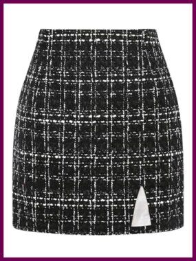 High Waisted Plaid Mini Pencil Skirt with Slit Wool Blend Fall Winter Workwear